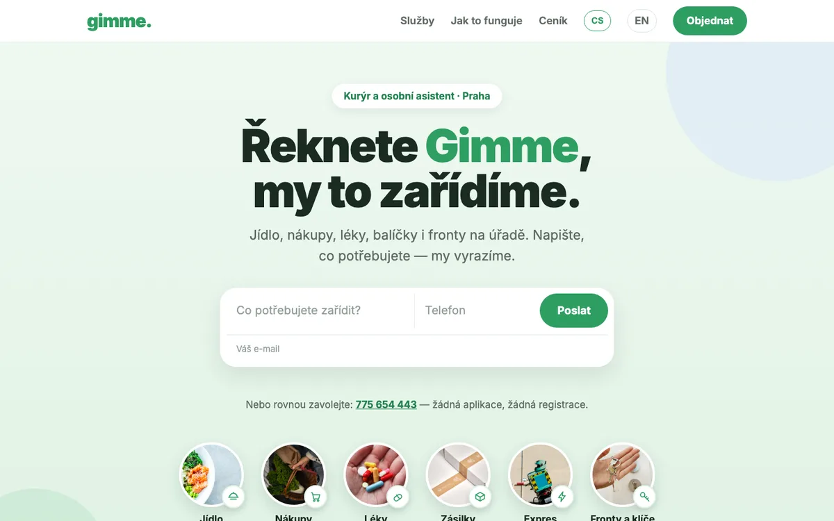 Gimme – úvodní stránka na počítači